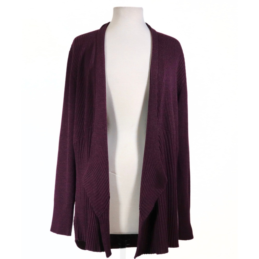 Eileen Fisher Cardigan XL Burgundy Merino Wool Ribbed Knit Draped Open Front